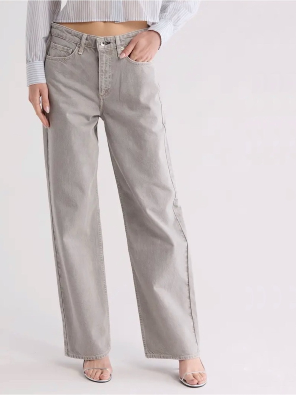 rag & bone Wide Leg Jeans in High Rise Light Gray Logan Mid Rise Denim Pants 28